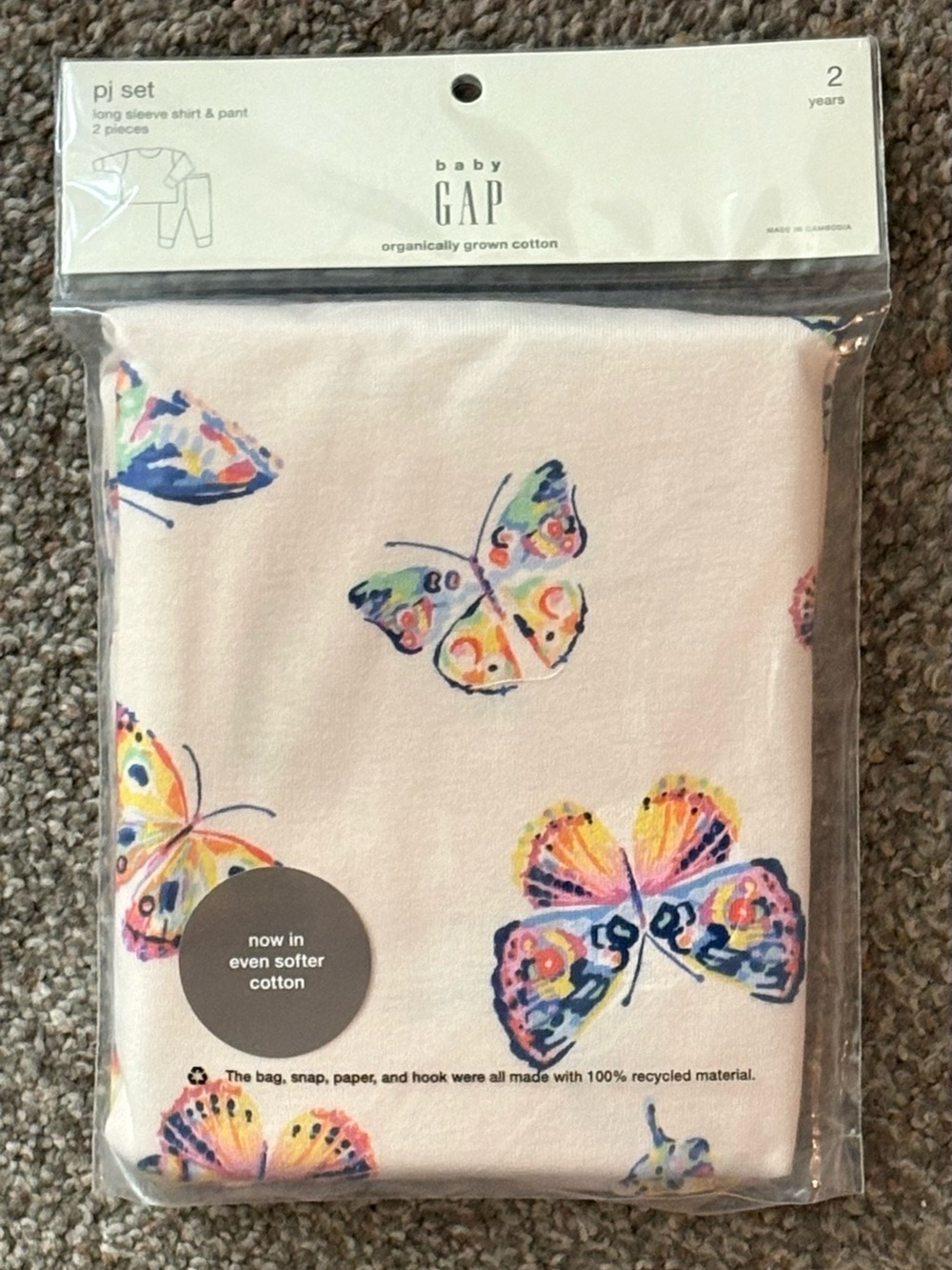 GAP Baby Pink Butterfly Cotton PJ PAJAMA SET 2 Years 2T Long Sleeve Pants NEW